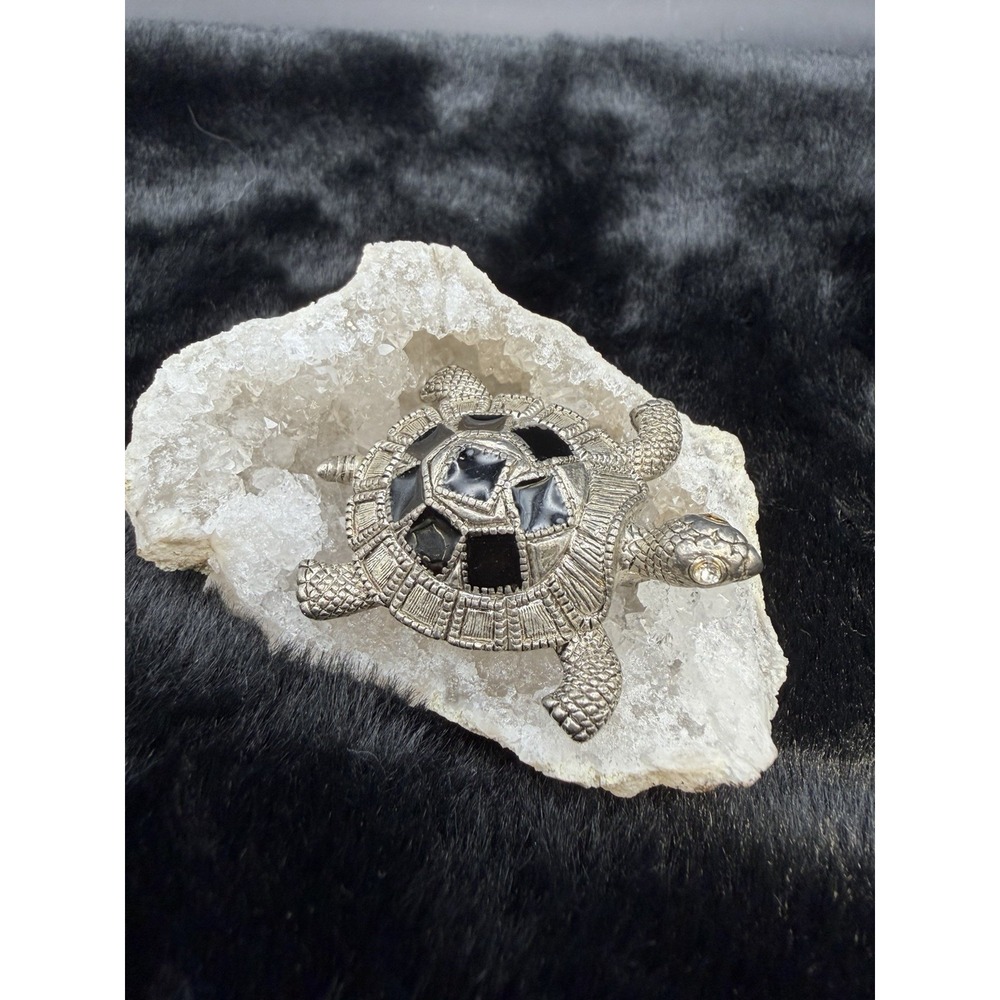 Black Enamel Spots & Rhinestone Turtle Pin Brooch Silver Tone